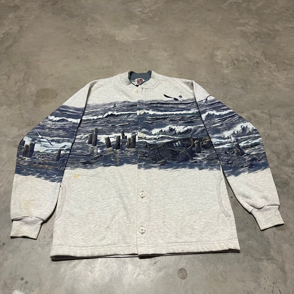 Vintage Art Unlimited AOP Sportswear Irwin Ocean Print Button Sweatshirt Mens M